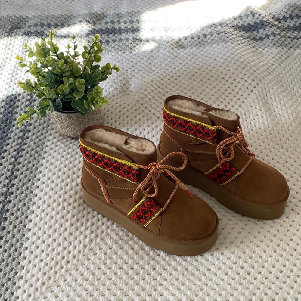 NWOB UGG Classic Mini II Braid Platform Chestnut Boots Women's